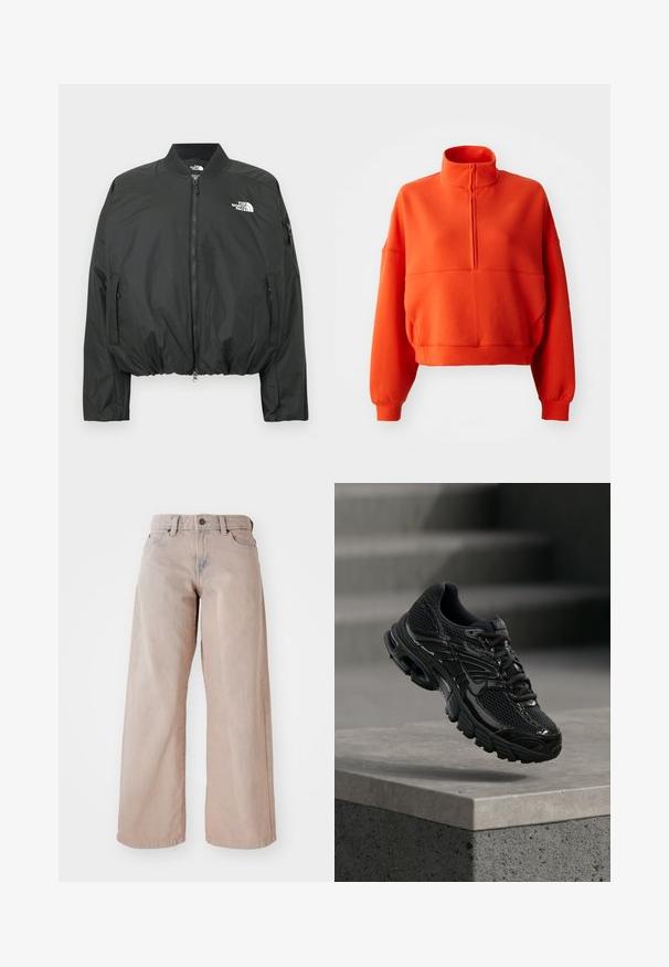 Chaqueta bomber negra con cierre de cremallera, cuello acanalado y dobladillo elástico. Presenta un logo en el pecho y bolsillos laterales con cremallera. Material liso y ligero.; Sudadera corta de color naranja brillante con cuello alto simulado y media cremallera, con mangas amplias y una tela texturizada para mayor comodidad.; Jeans amplios beige con una cintura alta, diseño de cinco bolsillos y cierre de botón. La tela tiene una textura suave y un ligero desvanecimiento en la parte frontal.; Zapatilla de running negra de Nike con parte superior de malla y sintética flotando sobre una superficie de hormigón y escalones de fondo.
