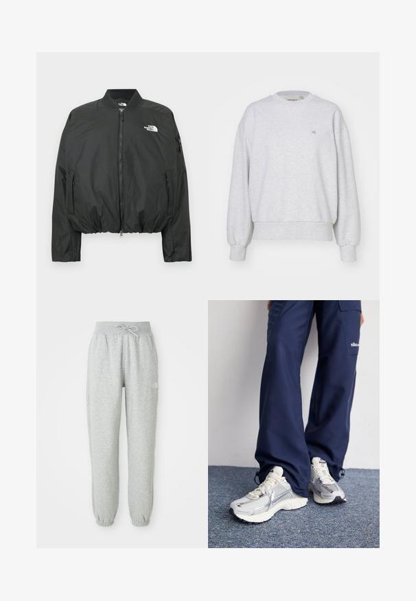 Schwarze Bomberjacke mit Reißverschluss, geripptem Kragen und elastischem Saum. Mit Logo auf der Brust und seitlichen Reißverschlusstaschen. Glattes, leichtes Material.; Carhartt WIP CASEY - Sweatshirt - ash heather/silver; Graue Sweatpants mit einem elastischen Bund und Kordelzug. Der Stoff ist weich, mit elastischen Bündchen an den Knöcheln und einem Logo-Detail.; Nike Sportschuhe mit einem silbernen Mesh-Obermaterial, weißen Akzenten und strukturierten Sohlen, kombiniert mit locker sitzenden marineblauen Hosen.