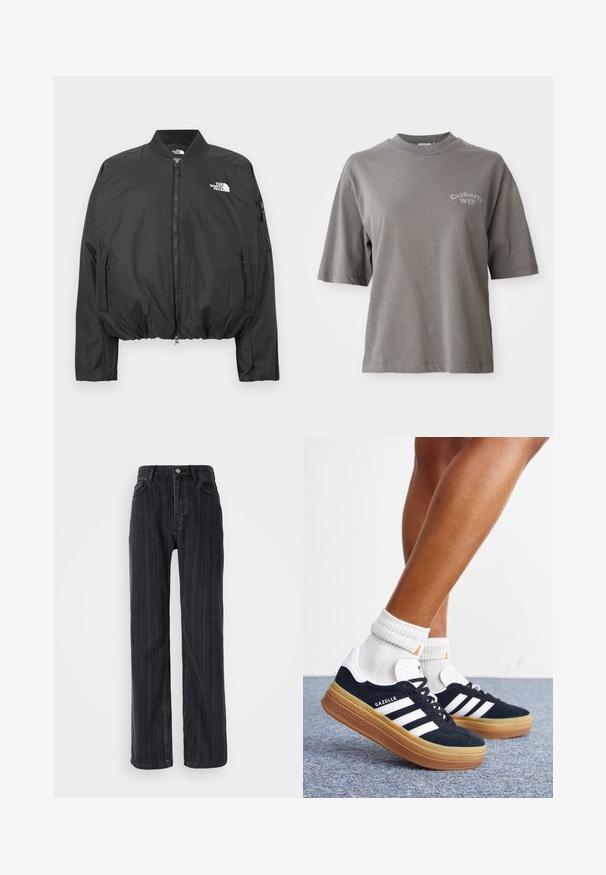 Chaqueta bomber negra con cierre de cremallera, cuello acanalado y dobladillo elástico. Presenta un logo en el pecho y bolsillos laterales con cremallera. Material liso y ligero.; Camiseta de algodón gris con mangas cortas, cuello redondo y un pequeño logo de Carhartt WIP impreso en el frente. Textura suave, ajuste relajado.; Jeans de mezclilla negros de tiro alto con un patrón de rayas verticales, diseño de pierna recta y un cierre de botón metálico en la parte delantera.; Piernas con calcetines blancos y zapatillas Adidas Gazelle negras con rayas blancas y suelas marrones gruesas sobre un suelo alfombrado gris.