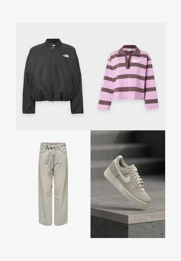 Chaqueta bomber negra con cierre de cremallera, cuello acanalado y dobladillo elástico. Presenta un logo en el pecho y bolsillos laterales con cremallera. Material liso y ligero.; Camisa de rugby de manga larga con rayas horizontales en lavanda y marrón oscuro, cuello abierto y logo blanco de Nike en el pecho.; Jeans de pierna ancha en azul claro con cintura ceñida, que presentan un detalle desgastado y un diseño clásico de cinco bolsillos, fabricados en tejido de mezclilla.; Zapatilla Nike Air Force 1 beige flotando sobre un bordillo de hormigón con escaleras grises borrosas en el fondo.