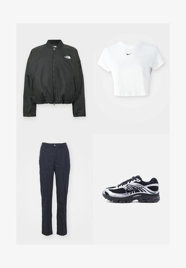 Chaqueta bomber negra con cierre de cremallera, cuello acanalado y dobladillo elástico. Presenta un logo en el pecho y bolsillos laterales con cremallera. Material liso y ligero.; Camiseta corta blanca de algodón, con mangas cortas y cuello redondo, y un logo negro de Nike en el pecho.; Pantalones oscuros de color marino con corte recto, que cuentan con dos bolsillos frontales, cierre de botón y una textura de tela suave.; Zapatilla de running Nike negra y plateada con parte superior de malla, suela con cojín de aire y cordones, vista lateral sobre un fondo blanco.