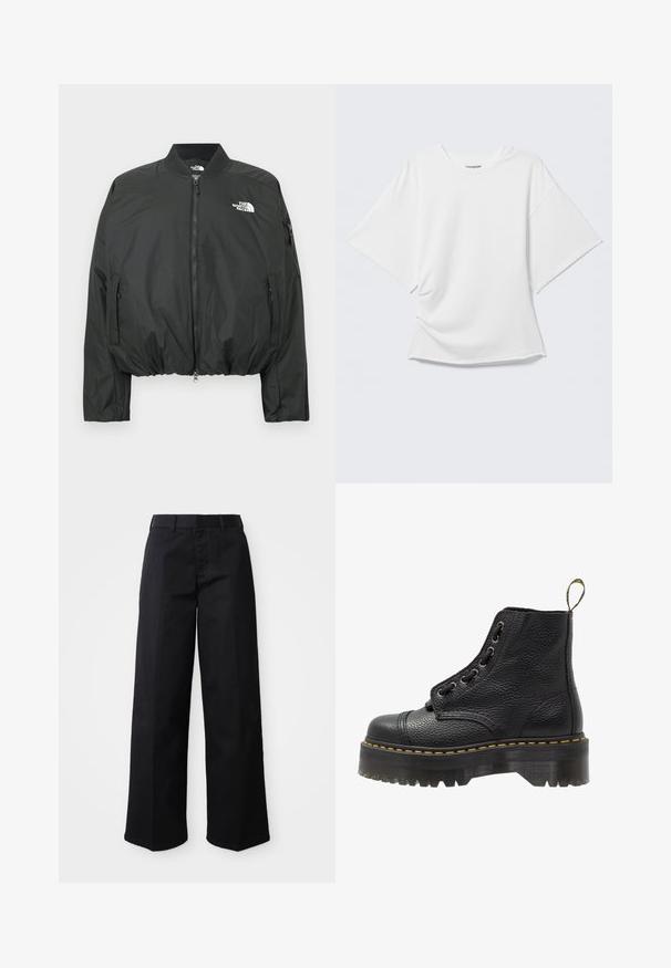 Zwarte bomberjack met ritssluiting, geribbelde kraag en elastische zoom. Voorzien van een logo op de borst en zijzakken met rits. Glad, lichtgewicht materiaal.; Wit oversized T-shirt met korte mouwen en ronde hals, weergegeven op een lichtgrijze achtergrond.; Zwarte wijde broek van zacht katoen. Voorzien van een klassieke tailleband, zijzakken en een rechte snit naar de zoom.; Zwarte leren enkelboot met een gestructureerd oppervlak, ronde neus, vetersluiting, gele stiksels en een dikke, geribbelde zwarte plateauzool.