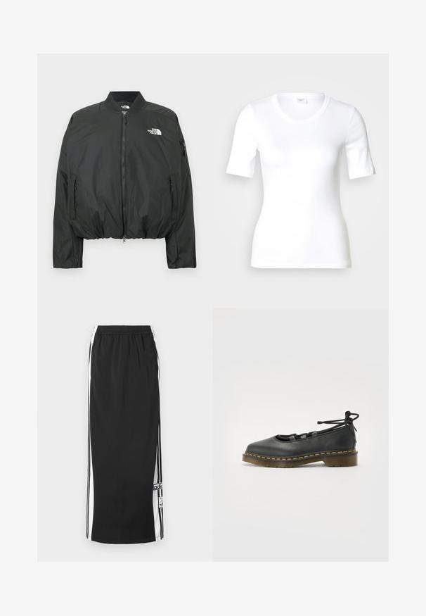 Čierna bomber bunda so zapínaním na zips, rebrovaným golierom a elastickým lemom. Obsahuje logo na hrudi a bočné vrecká na zips. Hladký, ľahký materiál.; Biele tričko s krátkym rukávom z hladkej bavlny, s okrúhlym výstrihom a priliehavým strihom. Klasický dizajn bez vzorov či akcentov.; Čierna dlhá športová sukňa s bielymi bočnými panelmi a čiernymi pruhmi, elastickým pásom a nášivkou s logom Adidas pri spodnom okraji.; Čierna kožená topánka s okrúhlym špičkou, nízkym podpätkom, šnurovaním a žltým prešitím pozdĺž podrážky. Hladká textúra s matným povrchom.