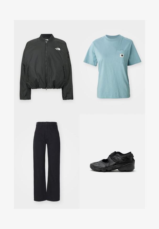 Zwarte bomberjack met ritssluiting, geribbelde kraag en elastische zoom. Voorzien van een logo op de borst en zijzakken met rits. Glad, lichtgewicht materiaal.; Lichtblauw katoenen T-shirt met korte mouwen en een borstzak, voorzien van een klein zwart-wit Carhartt logo patch.; Zwarte hoge taille wijdlopende jeans met een sluiting aan de voorkant met knoop en rits, ceintuurlussen en twee voorzakken op een witte achtergrond.; Zwarte sportieve sandaal met gesloten neus, klittenbandriemen op de middenvoet en hiel, en een dikke gewatteerde zool met de tekst "AIR" aan de zijkant.