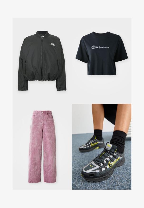 Sort bomberjakke med lynlås, ribbet krave og elastisk kant. Med logo på brystet og sidelommer med lynlås. Glat, let materiale.; Afskåret sort bomulds T-shirt med korte ærmer, der har hvid tekst "Vice Sportswear" og et cirkulært grafisk motiv på forsiden.; Rosa bredde ben jeans med høj talje, med en falmet, tekstureret finish, knaplukning og sidelommer.; Sorte og grå atletiske sko med refleksive sølvdetaljer, teksturerede mesh-paneler og lysegule detaljer. Snørebåndsdesign med struktureret sål.