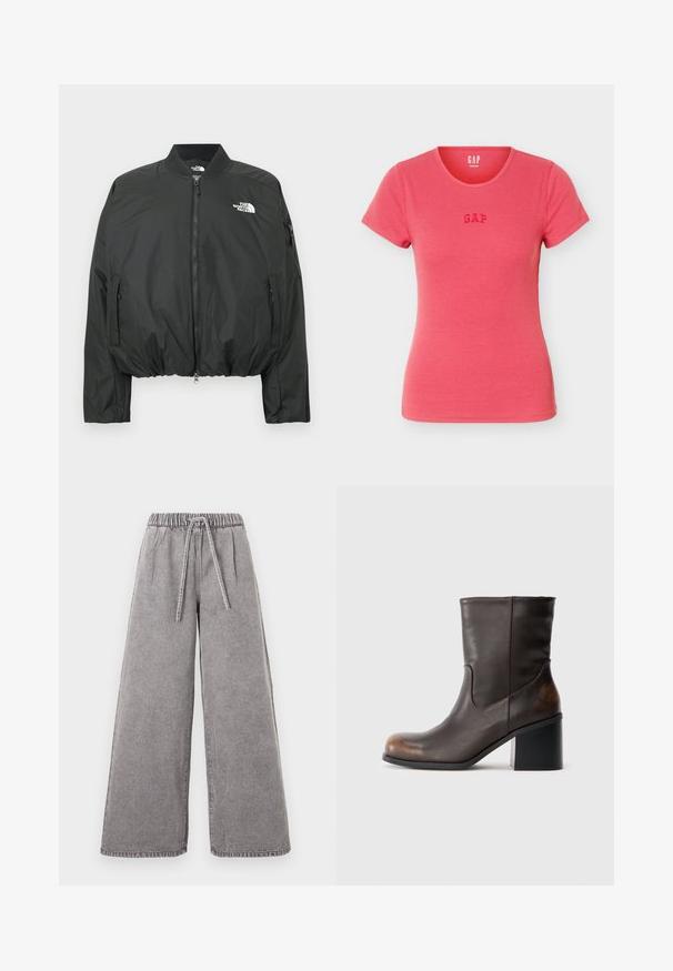 Chaqueta bomber negra con cierre de cremallera, cuello acanalado y dobladillo elástico. Presenta un logo en el pecho y bolsillos laterales con cremallera. Material liso y ligero.; Camiseta coral rosa con manga corta acanalada, escote redondo y pequeño logo GAP bordado centrado en el pecho.; Pantalones vaqueros grises de pierna ancha con cintura elástica y cordón delantero, mostrados planos sobre fondo blanco.; Bota de cuero de color marrón oscuro hasta la mitad de la pantorrilla, con punta redondeada y tacón cuadrado, que muestra un sutil desgaste en las áreas de la punta y el tacón.