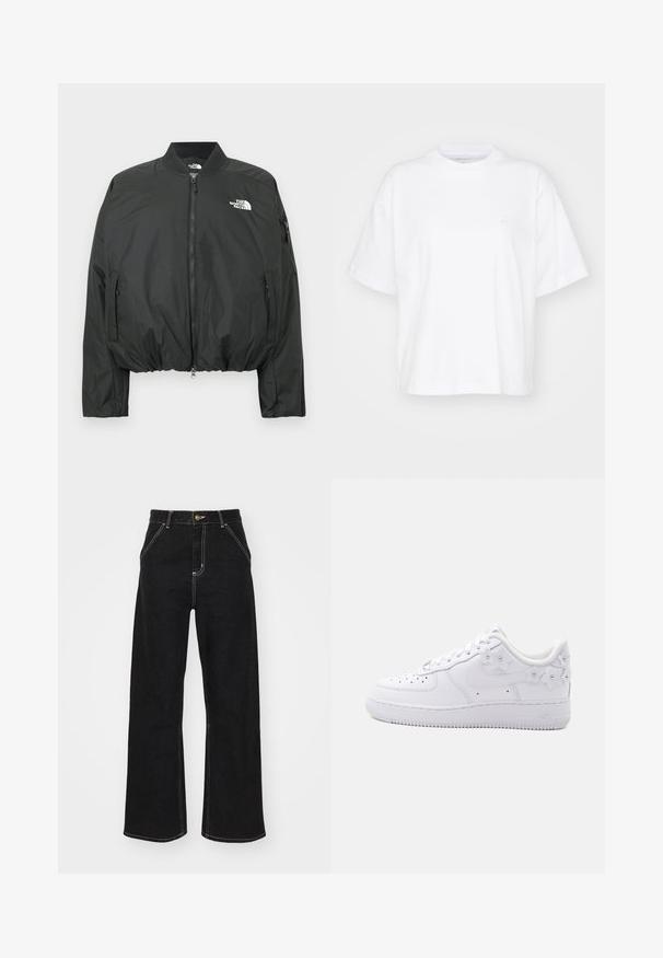 Veste bomber noire avec fermeture éclair, col côtelé et ourlet élastiqué. Logo sur la poitrine et poches latérales zippées. Matière lisse et légère.; T-shirt en coton blanc avec un col rond, des manches courtes et une coupe décontractée. Présente un logo discret sur la zone gauche de la poitrine. Texture lisse.; Jean noir à jambes larges en denim. Caractérisé par des coutures blanches contrastantes, des poches avant et une fermeture boutonnée à la taille.; Baskets basses blanches avec embout perforé, swoosh Nike et accents floraux blancs décoratifs au talon et sur le côté.