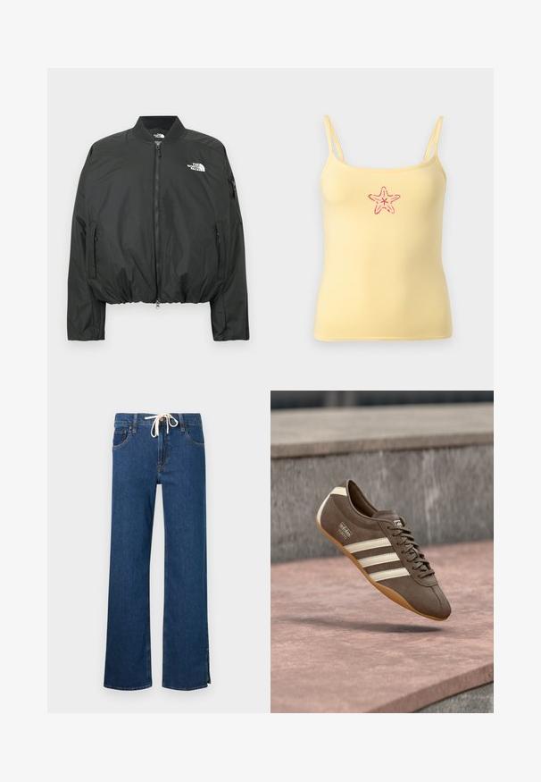 Chaqueta bomber negra con cierre de cremallera, cuello acanalado y dobladillo elástico. Presenta un logo en el pecho y bolsillos laterales con cremallera. Material liso y ligero.; Top de tirantes finos amarillo con un pequeño diseño bordado de una estrella de mar roja en el centro delantero.; Pantalones de mezclilla azul de pierna recta con bolsillos delanteros, cierre de botón y cordón blanco en la cintura.; Zapatilla de ante marrón con rayas blancas y marca, con puntera redonda y suela de goma color caramelo, suspendida sobre una superficie texturizada.