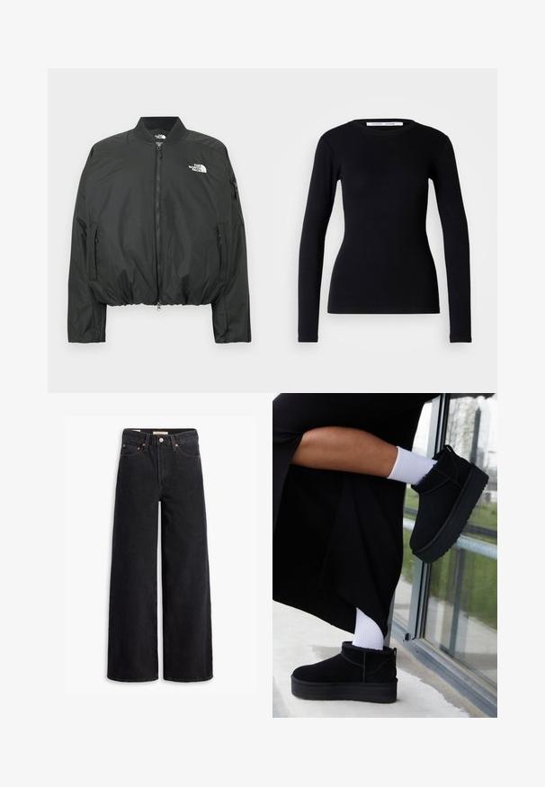 Veste bomber noire avec fermeture éclair, col côtelé et ourlet élastiqué. Logo sur la poitrine et poches latérales zippées. Matière lisse et légère.; Haut noir à manches longues en tissu côtelé. Doté d'un col rond et d'une coupe ajustée. Sans motifs ni ornements. Design simple.; Jean noir à jambe large en denim, comportant cinq poches, des rivets en laiton et une fermeture à bouton classique. Texture lisse avec un design épuré.; Bottines en cuir suédé noir à semelle plate, avec une languette arrière, portées avec des chevilles blanches sur un fond minimaliste.
