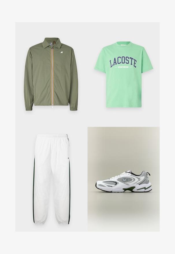 Chaqueta ligera verde oliva, con cremallera frontal y franjas multicolores, cuello puntiagudo, puños elásticos y pequeño logo en el pecho.; Camiseta de algodón verde con cuello redondo. Presenta texto en negrita azul marino que dice "LACOSTE" y "SPORTSWEAR" en el pecho. Mangas cortas.; Pantalones de chándal blancos con paneles laterales de color verde oscuro. Material ligero, cinturilla elástica y dobladillos con puños. Presenta textura de malla en los paneles laterales.; Zapatilla deportiva de running en blanco y gris, con paneles de malla, acentos verdes, detalles en negro y un logo en el costado, vista desde el lado exterior.