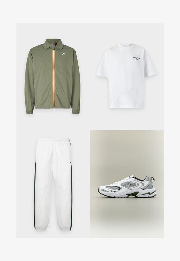 Olijfgroene lichtgewicht jas, met een rits aan de voorkant, meerkleurige strepen, puntige kraag, elastische manchetten en een klein logo op de borst.; Witte katoen t-shirt met korte mouwen, met de tekst "Jeu Set et Match" en een klein groen logo op de linkerkant van de borst. Klassieke pasvorm.; Witte trainingsbroek met donkergroene zijpanelen. Lichtgewicht materiaal, elastische tailleband en boordjes aan de onderkant. Heeft een meshstructuur op de zijpanelen.; Witte en grijze sportieve hardloopschoen met meshpanelen, groene accenten, zwarte details en een logo aan de zijkant, getoond vanaf de buitenkant.