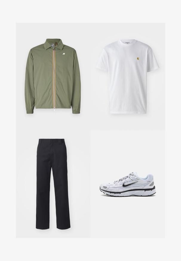Olivgrüne leichte Jacke, Frontreißverschluss mit mehrfarbigen Streifen, spitzem Kragen, elastischen Bündchen und kleinem Logo auf der Brust.; Weißes Baumwoll-T-Shirt mit kurzen Ärmeln, Rundhalsausschnitt, mit einem kleinen goldenen Logo im linken Brustbereich. Weicher Stoff und normale Passform.; Schwarze gerade geschnittene Hose aus einem Baumwollmischgewebe. Verfügt über einen flachen Bund mit Gürtelschlaufen und keinerlei sichtbare Hardware oder Verzierungen.; Weißer Laufschuh mit Obermaterial aus Mesh, abgerundetem Zeh, schwarzen Akzenten und gemusterter Sohle. Verfügt über Schnürung und Branding an der Seite.