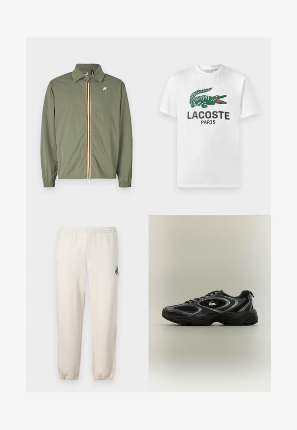 Olivgrüne leichte Jacke, Frontreißverschluss mit mehrfarbigen Streifen, spitzem Kragen, elastischen Bündchen und kleinem Logo auf der Brust.; Lacoste T-Shirt print - white; Helle beige Sweatpants aus Baumwolle mit einem elastischen Bund, gerippten Bündchen und einem grünen Logo mit Blattdesign am linken Bein.; Schwarzer und grauer Sportschuh mit Netzpaneelen, Schnürdesign, dicker Sohle und einem kleinen Krokodil-Logo an der Seite.