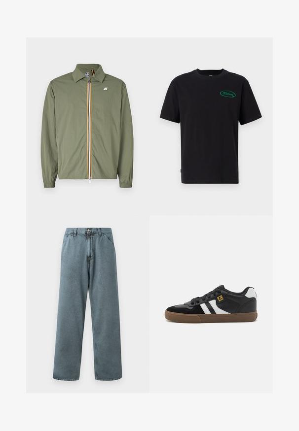 Olivgrüne leichte Jacke, Frontreißverschluss mit mehrfarbigen Streifen, spitzem Kragen, elastischen Bündchen und kleinem Logo auf der Brust.; Schwarzes Baumwoll-T-Shirt mit kurzen Ärmeln, klassischem Rundhalsausschnitt und einem grünen ovalen Logo auf der linken Brustseite. Einfaches Design.; Hellblaue Denim-Hosen mit geradem Bein, ausgestattet mit einem klassischen Knopfverschluss und einem Fünf-Taschen-Design. Weiche Textur und minimale Nähdetails.; Schwarz-weiße Sneakers mit einem Obermaterial aus Wildleder und Leder, ausgestattet mit weißen Streifen, schwarzen Schnürsenkeln und einer braunen Gummisohle. Mit goldenen Logo-Akzenten.
