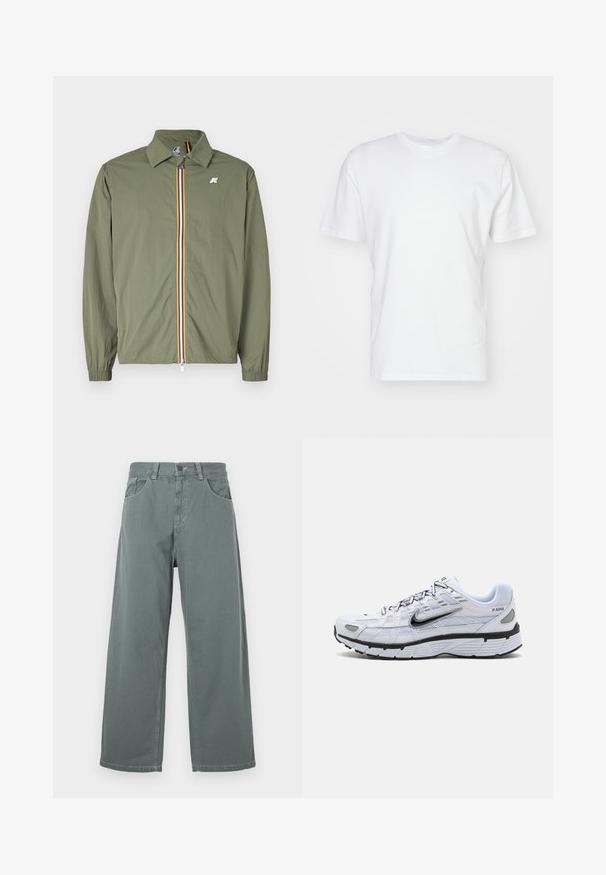 Chaqueta ligera verde oliva, con cremallera frontal y franjas multicolores, cuello puntiagudo, puños elásticos y pequeño logo en el pecho.; Camiseta de algodón blanca con manga corta, escote redondo y una textura suave. Diseño simple sin patrones ni gráficos.; Pantalones de pierna ancha en algodón verde apagado, con una cinturilla clásica, presillas para cinturón, bolsillos frontales y detalles de costura contrastantes.; Zapatilla de running blanca con parte superior de malla, punta redondeada, acentos negros y una suela con patrón. Presenta cordones y una marca en el lateral.