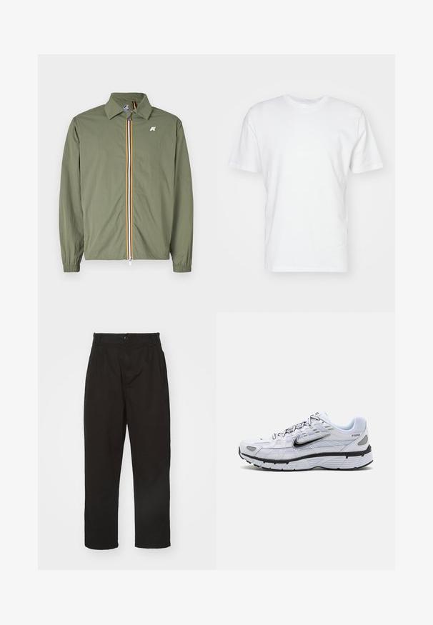 Olivgrüne leichte Jacke, Frontreißverschluss mit mehrfarbigen Streifen, spitzem Kragen, elastischen Bündchen und kleinem Logo auf der Brust.; Weißes Baumwoll-T-Shirt mit kurzen Ärmeln, Rundhalsausschnitt und glatter Textur. Einfaches Design ohne Muster oder Grafiken.; Schwarze Hose aus glattem Stoff, mit Knopfverschluss, geradem Schnitt und zwei vorderen Falten für zusätzlichen Detail.; Weißer Laufschuh mit Obermaterial aus Mesh, abgerundetem Zeh, schwarzen Akzenten und gemusterter Sohle. Verfügt über Schnürung und Branding an der Seite.