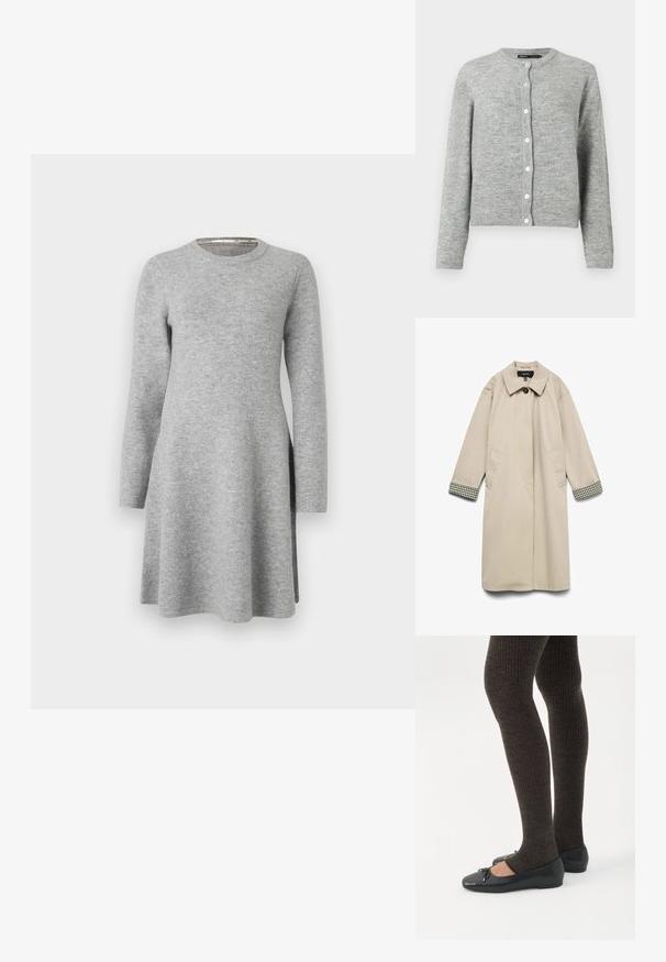 Manteau beige avec un large col, deux poches latérales et des accents à carreaux noir et blanc sur les poignets. Tissu lisse et léger.; Gilet gris clair en tricot doux, avec un col rond, des manches longues et six boutons blancs sur le devant.; Robe grise à manches longues en tissu doux ; présente un col rond et une coupe décontractée, s'évasant légèrement à l'ourlet avec des fentes latérales.; Jambes portant des leggings côtelés foncés associés à des ballerines noires avec de petits détails en nœud sur fond blanc.
