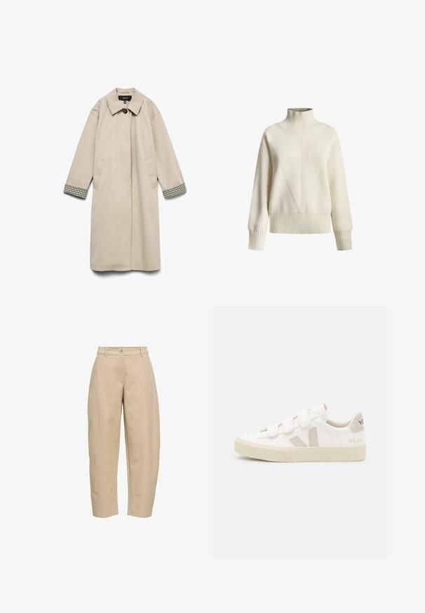 Manteau beige avec un large col, deux poches latérales et des accents à carreaux noir et blanc sur les poignets. Tissu lisse et léger.; Pull en maille côtelée crème avec un design triangulaire à l'avant, des manches longues et un ourlet ajusté. Texture douce, design décontracté.; Pantalon beige taille haute avec bouton devant, fermeture éclair, passants de ceinture, poches en biais et coupe droite.; Baskets blanches avec des bandes Velcro, accents en daim beige, semelle en caoutchouc texturée et logo V gris. Design minimaliste, forme arrondie.