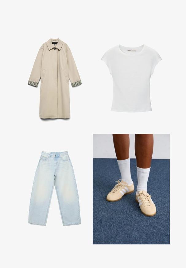 Manteau beige avec un large col, deux poches latérales et des accents à carreaux noir et blanc sur les poignets. Tissu lisse et léger.; T-shirt en coton blanc avec manches courtes retroussées, encolure ronde et ourlet droit. Texture lisse sans motifs ni accents visibles.; Jean taille haute bleu clair à jambes larges avec fermeture à boutons et zip à l'avant, poches avant et arrière, et détails de coutures apparentes.; Personne portant des baskets Adidas beiges avec des rayures blanches et des chaussettes blanches, se tenant sur un sol en moquette bleue.