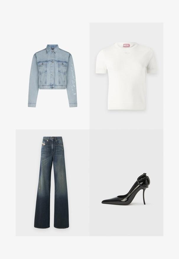 Lyseblå denimcropped jakke med knaplukning foran, to brystlommer og lange ærmer, der har hvid broderet tekst på det ene arm.; Hvid kortærmet t-shirt lavet af blødt stof med rund hals og et lille sølvlogo detaljeret på brystet. Glat tekstur.; Vidde ben jeans i mørkeblå med en falmet finish, med et slidt knæ og et klassisk fem-lomme design med et mærke.; Sort laklædersko med høj hæl, spids tå og åben hæl. Har en unik buet detalje ved hælen. Slank og glansfuld finish.