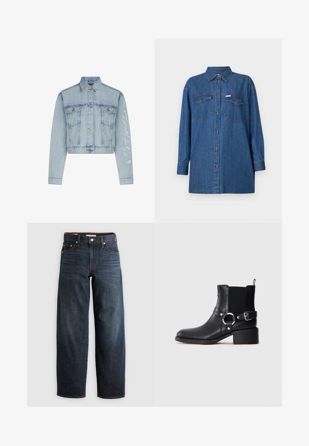 Lyseblå denimcropped jakke med knaplukning foran, to brystlommer og lange ærmer, der har hvid broderet tekst på det ene arm.; Denimskjorte, lange ærmer, lys blå, to brystlommer, knaplukning foran, klassisk krave, struktureret stof, afslappet pasform.; Mørkeblå denimjeans med lige ben, fem lomme-stil og kontrastsyninger samt knappelukning.; Sort læder ankelstøvle med sidespænde og ringdetalje, elastisk sideskærm, lav blokhæl og trækstrop på neutral baggrund.