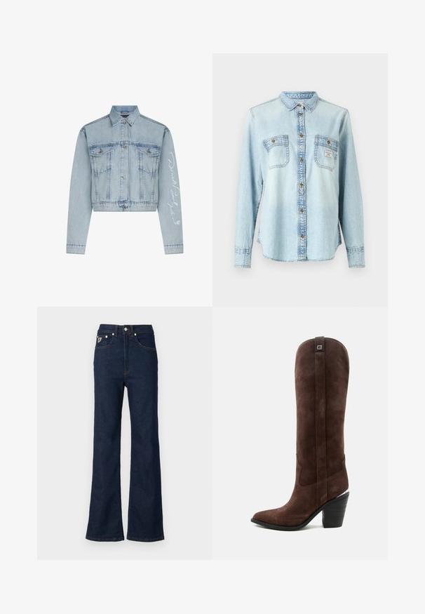 Lichtblauwe denim cropped jack met knoopsluiting aan de voorkant, twee borstzakken en lange mouwen met witte geborduurde tekst op één arm.; Lichtblauw denim overhemd met lange mouwen, knoopsluiting aan de voorkant, twee borstzakken en contrasterende stikseldetails.; Donkerblauwe flared jeans van denim, met een hoge taille, vijf zakken en contrasterende oranje stiksels. Inclusief metalen knoopsluiting.; Hoge bruine westernlaars van suède met een puntige neus en gestapelde zwarte hak op een effen lichte achtergrond.