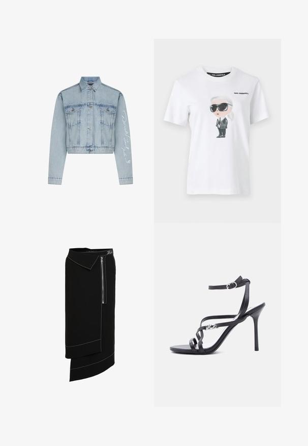 Lichtblauwe denim cropped jack met knoopsluiting aan de voorkant, twee borstzakken en lange mouwen met witte geborduurde tekst op één arm.; Witte katoenen t-shirt met een grafische illustratie van een personage in zwarte zonnebril en een pak. Het label zegt "KARL LAGERFELD."; Zwarte midi-rok met een brede kraag, voorzien van een zijrits, witte stikselaccenten en een asymmetrisch ontwerp aan de onderkant. Gladde textuur.; Zwarte high-heeled sandaal met dunne bandjes, enkelgesp en een metalen logodetail aan het zijbandje, afgebeeld tegen een witte achtergrond.