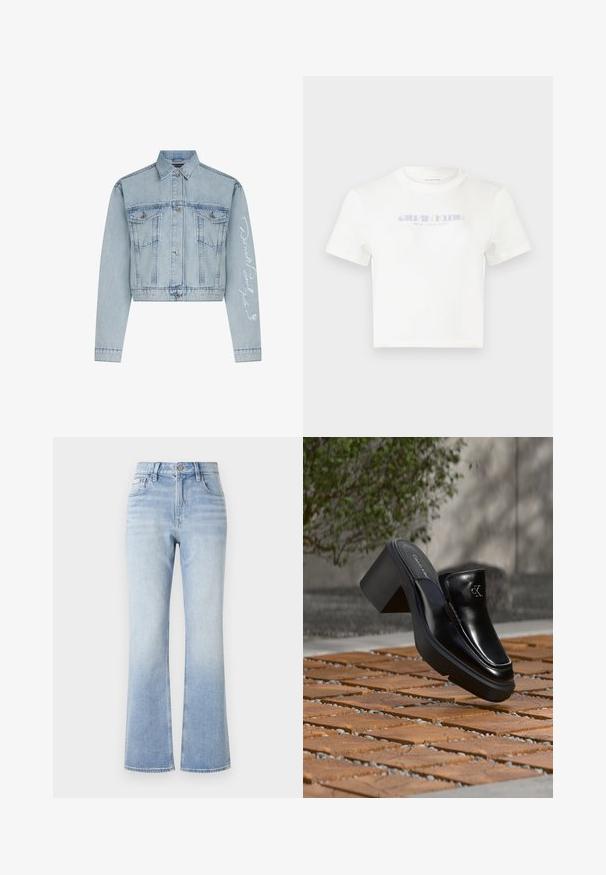 Lyseblå denimcropped jakke med knaplukning foran, to brystlommer og lange ærmer, der har hvid broderet tekst på det ene arm.; Hvid bomulds-T-shirt med rund halsudskæring, med et lyseblåt trykt logo "CALVIN KLEIN NEW YORK CITY" centreret på forsiden. Korte ærmer.; Lyseblå denim flared jeans med høj talje, kontrasterende syninger, forlommer og en subtil faldefarve mod kanten.; Sort læder Calvin Klein slip-on mule med blokhæl, der hviler på trætøj udendørs nær en grøn plante og en grå væg.