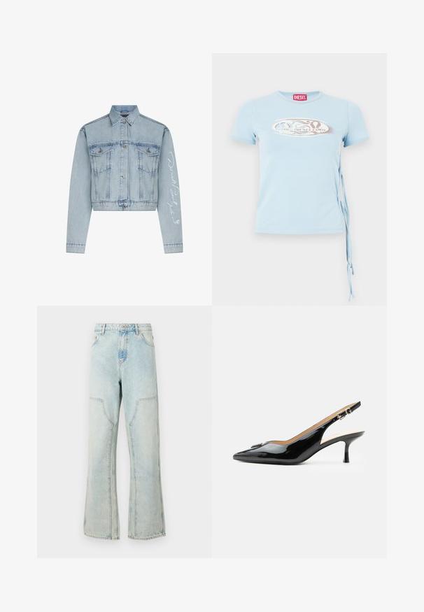 Lyseblå denimcropped jakke med knaplukning foran, to brystlommer og lange ærmer, der har hvid broderet tekst på det ene arm.; Lys blå kortærmet T-shirt med rund halsudskæring, sidebindinger og et grafisk print med teksten "www.diesel.com" i sølv.; Lyseblå denim jeans med en løs pasform, brede ben og forlommes. Har en knappelukning og bæltestropper.; Sort patentlæder slingback hæl med spids tå, lille kitten hæl og sølvspænde på en ensartet hvid baggrund.