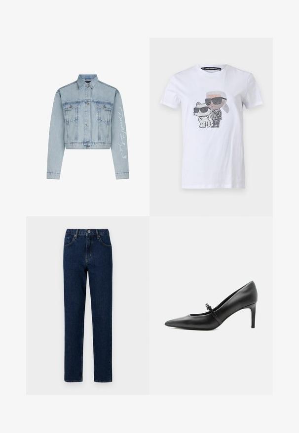 Lyseblå denimcropped jakke med knaplukning foran, to brystlommer og lange ærmer, der har hvid broderet tekst på det ene arm.; Hvid bomuld T-shirt med et grafisk design, der viser en karakter og en kat iført solbriller, accentueret med sorte og grå detaljer.; Mørkeblå denim jeans med lige ben, der har en talje med en elastisk sektion, forlommer og minimale syninger.; Sort læderspids højhælede sko med tynd rem og spænde over vristen, stående på en neutral lys baggrund.