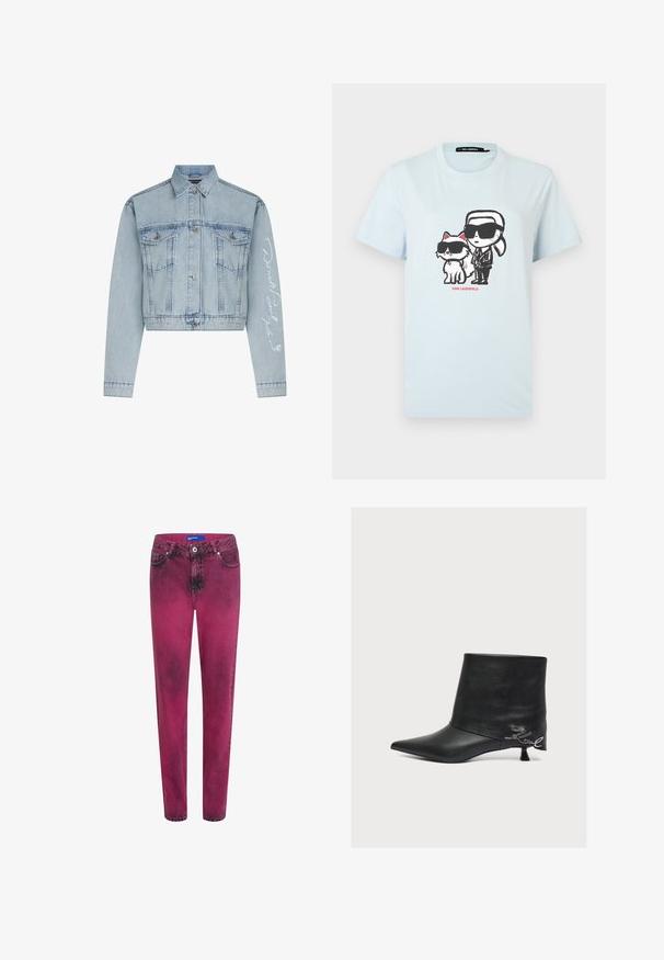 Lyseblå denimcropped jakke med knaplukning foran, to brystlommer og lange ærmer, der har hvid broderet tekst på det ene arm.; Lyseblå bomulds T-shirt med grafisk design af en person og en kat i solbriller. Teksten "KARL LAGERFELD" er trykt i rødt nedenfor.; Magenta denim jeans med lige pasform, let slidte detaljer, forlommer og en knaplukning med metalaccent.; Sort læder ankelstøvle med spidst tå, lav kittenhæle og metallisk "Karl" signaturdetalje nær hælen på en ensfarvet baggrund.