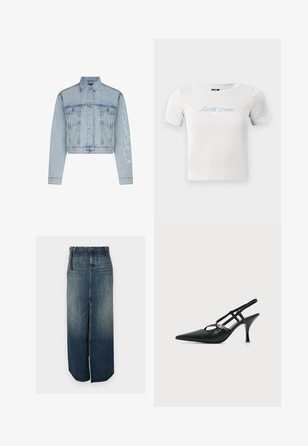Lyseblå denimcropped jakke med knaplukning foran, to brystlommer og lange ærmer, der har hvid broderet tekst på det ene arm.; Hvid bomulds t-shirt med korte ærmer, med et lyseblåt "Santa Cruz" skriftlogo og hjertegrafik i midten.; Lang denimnederdel med frontslids og sort tyndt bælte, med falmet blå vask og klassisk fem-lomme styling.; Sort læder spids tå slingback hæl med tynde stropper og en lille sølv dekorativ spænde på siden.