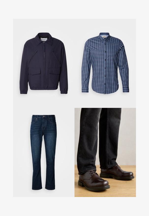 Mørkeblå jakke med lynlås foran, spidse krave, to store forlommer og to skrå lynlåslommer på brystet. Lavet af glat, let materiale.; Scotch & Soda SLIM FIT SHIRT - Skjorter - faded denim; Mørkeblå denim jeans med lige ben, med orange syning, en metalknap og klassisk fem-lomme design.; Brune lædersko med rund tå, snørelukning og kraftig sort gummisål, parret med mørke denim bukser.