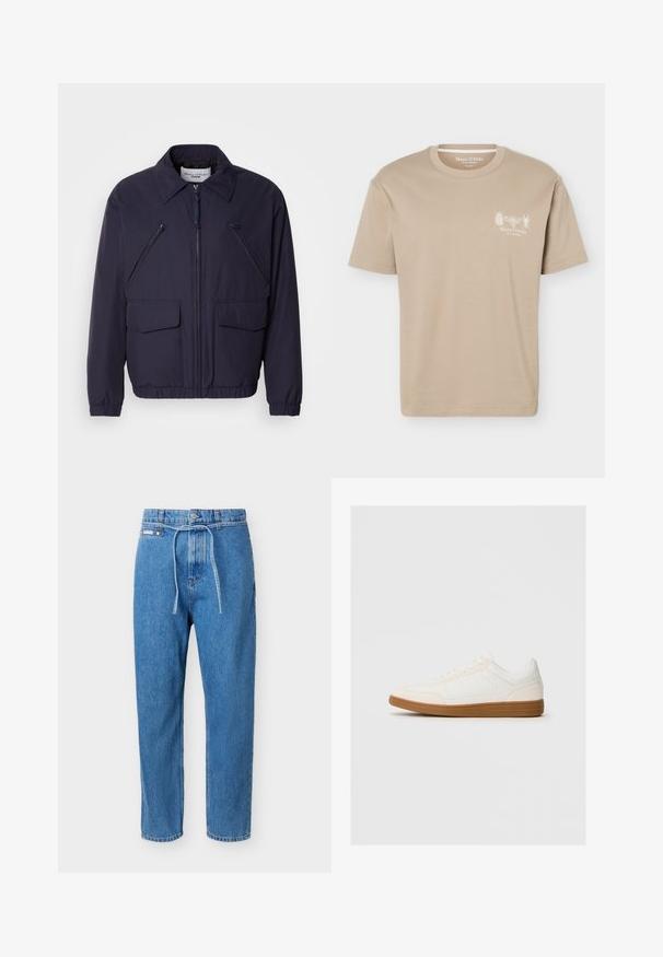 Donkerblauwe jas met een ritssluiting aan de voorkant, een puntige kraag, twee grote voorzakken en twee schuin geplaatste borstzakken met rits. Gemaakt van glad, lichtgewicht materiaal.; Beige T-shirt met korte mouwen en een ronde hals, met kleine insectengrafieken en het "Marc O'Polo"-logo op de linkerborst.; Blauwe denim jeans met een rechte pijp, hoge taille, knoopsluiting aan de voorkant, ritssluiting en een dunnen denimriem gestrikt in de taille.; Witte sneaker met een suède neus, een glad synthetisch bovenwerk en een tan rubberen zool. Beschikt over perforaties aan de zijkanten voor ventilatie.
