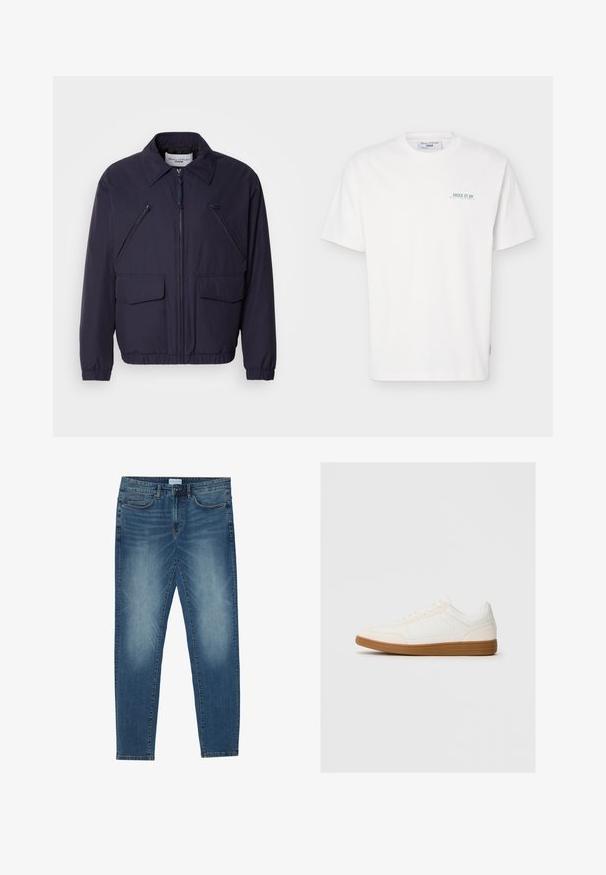 Mørkeblå jakke med lynlås foran, spidse krave, to store forlommer og to skrå lynlåslommer på brystet. Lavet af glat, let materiale.; Hvid T-shirt med korte ærmer og rund hals, med lille grøn tekst "JUICE IT UP Marc O'Polo Denim" på venstre bryst.; Denimjeans i midtblå med en falmet vask, fem-lomme design, lige ben pasform og broderede detaljer. Knap- og lynlåslukning.; Hvide sneakers med en ruskind tåspids, glat syntetisk overdel og tan gummisål. Har perforeringer på siderne for åndbarhed.