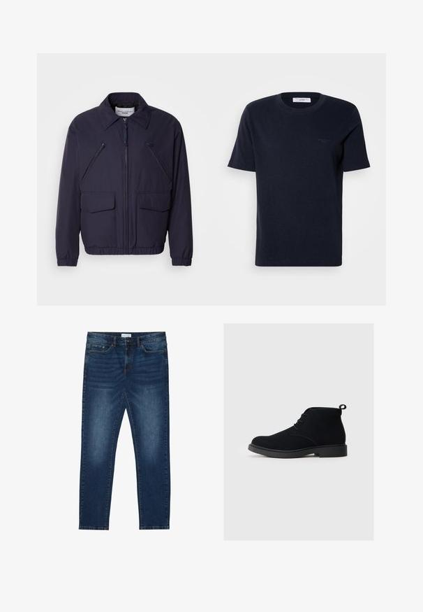 Donkerblauwe jas met een ritssluiting aan de voorkant, een puntige kraag, twee grote voorzakken en twee schuin geplaatste borstzakken met rits. Gemaakt van glad, lichtgewicht materiaal.; Marineblauwe katoen t-shirt met korte mouwen, ronde hals en klein logo detail op de borst. Gladde textuur, klassieke pasvorm.; Donkerblauwe slim-fit jeans met vervaagde details, klassiek vijf-pocket ontwerp, knoopsluiting en riemlussen.; Zwarte suède enkellaarzen hebben een ronde neus, vetersluiting aan de voorkant en een klein treklusje aan de achterkant. Effen zwarte rubberen zool.