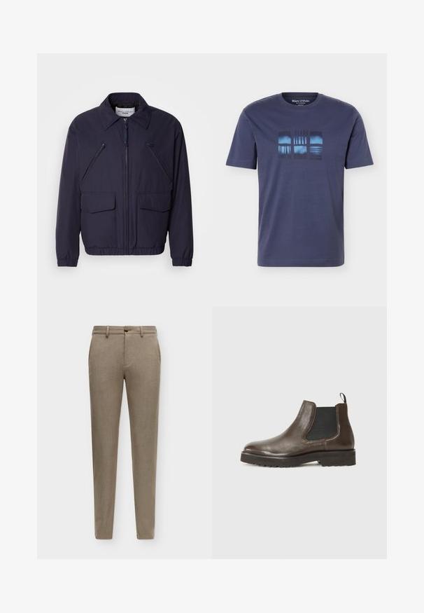 Mørkeblå jakke med lynlås foran, spidse krave, to store forlommer og to skrå lynlåslommer på brystet. Lavet af glat, let materiale.; Mørkeblå T-shirt med korte ærmer, rund hals og abstrakt blåt og sort rektangulært motiv på brystet.; Beige bukser med slim fit, bæltestropper, frontknap og sidelommer vist på en ensfarvet baggrund.; Brune læder Chelsea støvle med elastiske sidepaneler, trækstrop og tekstureret sål. Glat finish med minimale syninger.