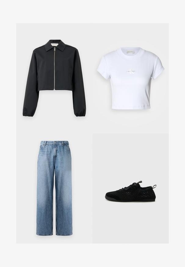 Chaqueta negra cortada hecha de tela suave, con cuello, cierre frontal con cremallera y puños elásticos. Diseño sencillo sin patrones.; Camiseta blanca corta con cuello redondo y mangas cortas, que presenta un sutil logotipo de "Calvin Klein" en el centro.; Vaqueros de mezclilla de pierna ancha en azul claro con cintura alta, botón frontal y bolsillos laterales, exhibidos sobre un fondo blanco.; Zapatillas deportivas negras con parte superior de malla, acentos de ante y una suela texturizada. Diseño ligero con una silueta de perfil bajo.