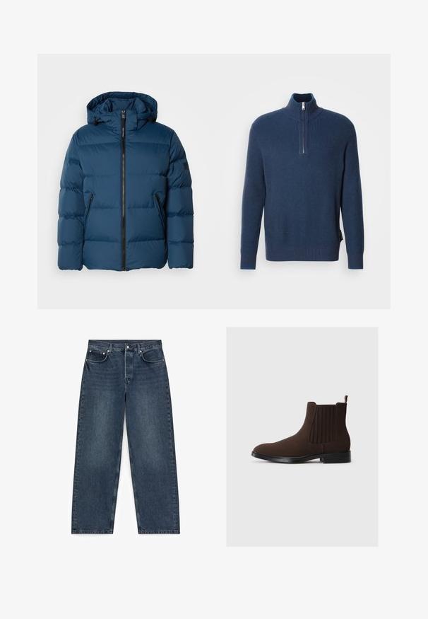 Blauwe pufferjas met een capuchon, voorzien van een rits aan de voorkant, twee zijzakken en gecapitonneerde secties voor isolatie. Glad, waterafstotend materiaal.; Donkerblauwe gebreide trui met een halve ritssluiting en een geribde textuur, lange mouwen en een contrasterende binnenkraag. Heeft een zijtag.; Donkerblauwe spijkerbroek met rechte pijpen, vijf zakken en knoopsluiting, plat gelegd op een witte achtergrond.; Bruine suède Chelsea-boots met elastische zijpanelen, lage hak en een lipje aan de achterkant. Gladde textuur en gestroomlijnd ontwerp.