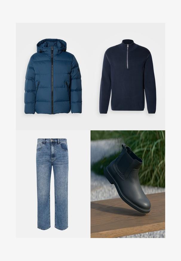 Veste matelassée bleue avec capuche, dotée d'une fermeture éclair à l'avant, de deux poches latérales et de sections matelassées pour l'isolation. Matériau lisse et résistant à l'eau.; Pull-over en maille bleu marine avec demi-fermeture éclair et col montant. Caractérisé par des manches longues et une texture lisse, avec des accents minimaux et sans motifs.; Jeans en denim bleu coupe droite avec poches avant, passants pour ceinture, fermeture par bouton et délavage effet usé.; Bottine en cuir noir avec des panneaux latéraux élastiques, des accents texturés et une semelle en caoutchouc ; l'affichage comprend une surface en bois et de la verdure.