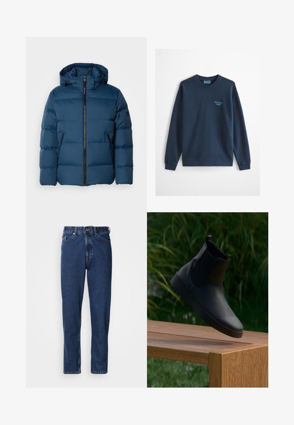 Chaqueta acolchada azul con capucha, que cuenta con un cierre frontal, dos bolsillos laterales y secciones acolchadas para aislamiento. Material suave y resistente al agua.; Sudadera azul claro de cuello redondo con mangas largas y pequeño logo "Marc O'Polo Denim" en el pecho izquierdo.; Jeans de mezclilla de color azul oscuro, con diseño de pierna recta, estilo de cinco bolsillos y costuras visibles a lo largo de las costuras.; Botín negro de cuero con paneles laterales elásticos, textura suave, punta redondeada y suela plana, posicionado sobre una mesa de madera con un fondo de vegetación.