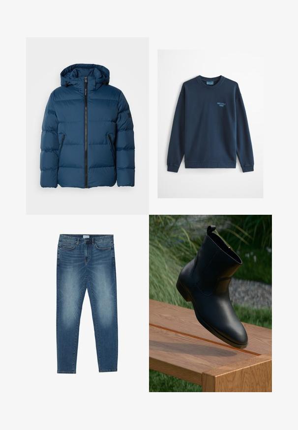 Chaqueta acolchada azul con capucha, que cuenta con un cierre frontal, dos bolsillos laterales y secciones acolchadas para aislamiento. Material suave y resistente al agua.; Sudadera azul claro de cuello redondo con mangas largas y pequeño logo "Marc O'Polo Denim" en el pecho izquierdo.; Vaqueros de mezclilla en azul medio con un lavado descolorido, diseño de cinco bolsillos, corte recto y acentos cosidos. Cierre con botón y cremallera.; Botín negro de cuero con cremallera, posicionado en un extremo de un banco de madera pulida al aire libre, con césped y piedras de fondo.