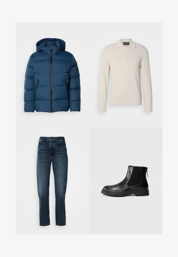 Chaqueta acolchada azul con capucha, que cuenta con un cierre frontal, dos bolsillos laterales y secciones acolchadas para aislamiento. Material suave y resistente al agua.; Suéter de polo de manga larga beige claro en un tejido de punto suave con un acabado texturizado, que cuenta con un cuello clásico y una tapeta de tres botones.; Jeans de pierna recta azul oscuro con cierre frontal de botón y cremallera, diseño de cinco bolsillos y un ligero desgaste en los muslos y las rodillas.; Bota negra de cuero hasta el tobillo con un acabado suave, paneles laterales de malla elástica y una suela resistente con un patrón de relieve visible.