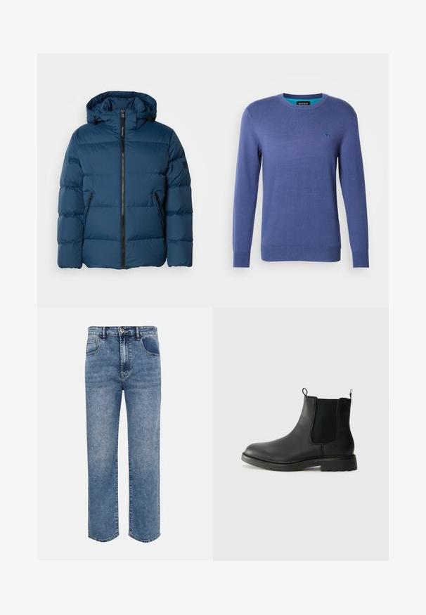 Chaqueta acolchada azul con capucha, que cuenta con un cierre frontal, dos bolsillos laterales y secciones acolchadas para aislamiento. Material suave y resistente al agua.; Suéter azul de punto con cuello redondo, mangas largas y un pequeño logo bordado en el lado izquierdo del pecho. Textura suave.; Vaqueros de mezclilla azul de corte recto con bolsillos delanteros, trabillas para cinturón, cierre con botón y detalles de lavado descolorido.; Botas Chelsea de cuero negro con paneles laterales elásticos, lengüetas para tirar, puntera redondeada y suela de goma texturizada. Superficie lisa y diseño robusto.