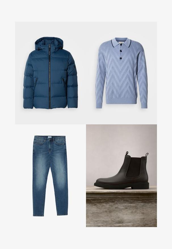 Veste matelassée bleue avec capuche, dotée d'une fermeture éclair à l'avant, de deux poches latérales et de sections matelassées pour l'isolation. Matériau lisse et résistant à l'eau.; Polo tricoté bleu clair avec un motif en chevron, trois boutons noirs et un col marine contrastant. Manches longues et poignets côtelés.; Jean en denim bleu moyen avec un délavage léger, design à cinq poches, coupe droite et accents cousus. Fermeture par bouton et zip.; Bottines Chelsea en cuir noir avec des panneaux élastiques sur les côtés et des languettes, flottant au-dessus d'un banc en bois en extérieur avec un fond d'herbe.
