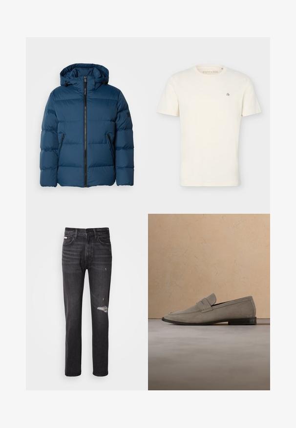 Blauwe pufferjas met een capuchon, voorzien van een rits aan de voorkant, twee zijzakken en gecapitonneerde secties voor isolatie. Glad, waterafstotend materiaal.; Effen off-white T-shirt met korte mouwen en ronde hals, met een klein "Scotch & Soda" logo op de bovenste linkerborst.; Zwarte denim jeans met een rechte pijp, verwerkte details bij de knie, vijf-pocket styling en een subtiele vervaagde afwerking.; Beige suède loafer met een donkere zool, weergegeven tegen een achtergrond van bijpassend tapijt en bank.
