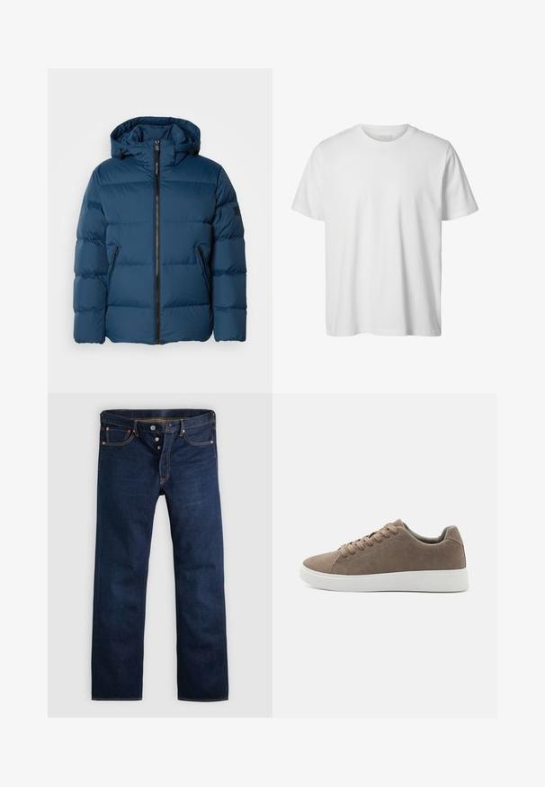 Blauwe pufferjas met een capuchon, voorzien van een rits aan de voorkant, twee zijzakken en gecapitonneerde secties voor isolatie. Glad, waterafstotend materiaal.; Eenvoudig wit T-shirt met korte mouwen en ronde hals, losse pasvorm en zonder zichtbare logo's of ontwerpen aan de voorkant.; Donkere blauwe denim jeans met een rechte pijp, vijf zakken en gouden stiksels. Voorzien van een knoopsluiting en koperen klinknagels. Gladde textuur.; Bruine suède sneakers met platte witte rubberen zolen, vetersluiting, ronde neus en een gladde textuur. Minimalistische stijl met subtiele stikdetails.
