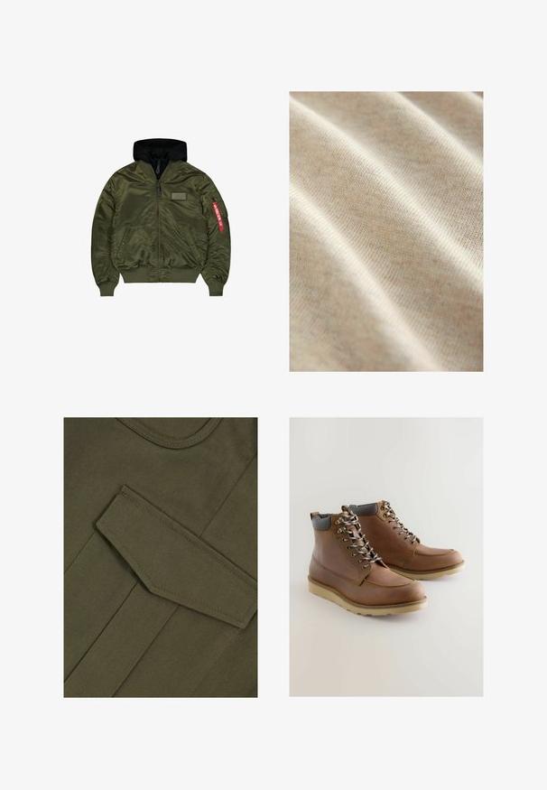 Olivgrüne Bomberjacke mit schwarzer Kapuze, Frontreißverschluss, zwei Druckknopftaschen, gerippten Bündchen und einem roten Stoffetikett an der Reißverschlusstasche am linken Ärmel.; Helle beige Stoff mit feiner Strickstruktur, die subtile Farbvariationen und enge Stiche zeigt, die sanfte Wellen und Falten bilden.; Olivengrüner Stoff mit einer glatten Textur verfügt über eine große, spitz zulaufende Klapptasche. Eine kontrastierende Naht entlang der Kanten umreißt das Design.; Braune Leder-Stiefeletten mit grauem, gepolstertem Kragen, Schnürdesign, weißer Gummisohle und dekorativen Nähten entlang des Vorderfußbereichs.