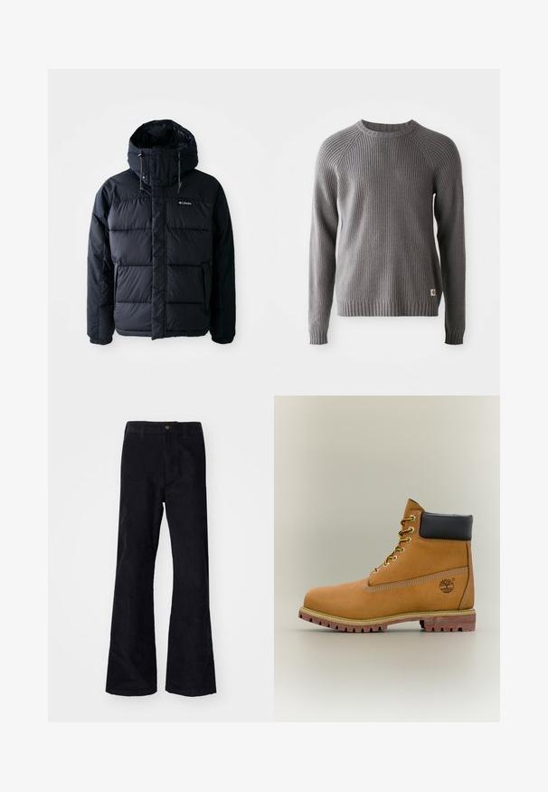Doudoune noire avec capuche, dotée de sections matelassées, d'un col montant et de poches zippées. Fabriquée en matériau résistant à l'eau.; Pull en tricot côtelé gris avec des manches longues et un col rond. Présente une surface texturée et une petite étiquette de logo à l'ourlet.; Pantalons évasés noirs en coton avec une taille traditionnelle, un bouton à l'avant et des poches sur les côtés et à l'arrière. Texture lisse.; Bottine en cuir marron avec col noir, lacets jaunes et semelle beige. Présente un logo et des détails de couture blanche. Semelle extérieure à traction robuste.