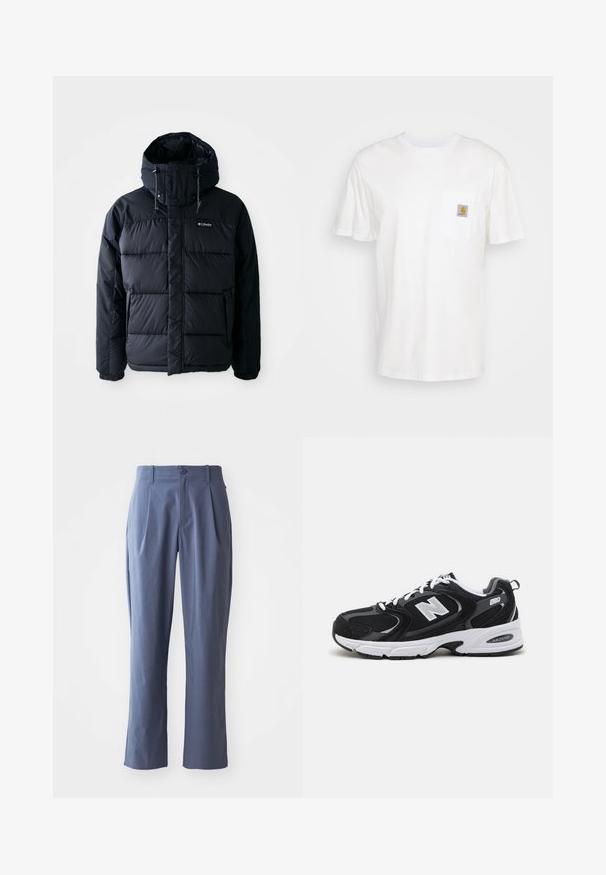 Doudoune noire avec capuche, dotée de sections matelassées, d'un col montant et de poches zippées. Fabriquée en matériau résistant à l'eau.; T-shirt en coton blanc à manches courtes, avec une poche poitrine et un petit patch logo carré en orange et blanc sur la poche.; Pantalon bleu marine avec plis, coupe droite, en tissu léger, avec une fermeture à un bouton à l'avant et des passants de ceinture.; Baskets de sport noires et grises avec un tige en mesh et en suède, présentant une semelle intermédiaire blanche, des lacets et un logo "N" audacieux sur le côté.